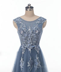 Blue round neck tulle lace applique long prom dress, blue evening dress