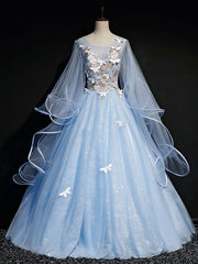 Blue Round Neck Tulle Lace Long Prom Dresses, Blue Sweet 16 Dresses