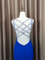 Blue Satin Beads Long Mermaid Prom Dress Blue Formal Dress