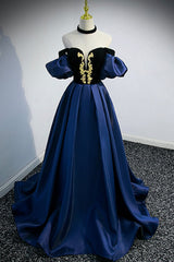 Blue Satin Lace Long Prom Dress, Blue Short Sleeve Evening Party Dress