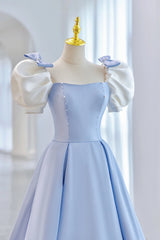 Blue Satin Long A-Line Prom Dress, Lovely Short Sleeve Formal Evening Dress