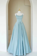 Blue Satin Long A-Line Prom Dress, Spaghetti Straps Evening Dress