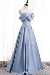 Blue Satin Long Prom Dress with Pearls, Blue A-Line Strapless Party Dress