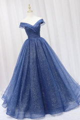 Blue Shiny Tulle Off the Shoulder Prom Dress, Blue V-Neck Evening Dress