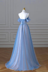 Blue Spaghetti Strap Tulle Long Prom Dress, A-Line Evening Dress