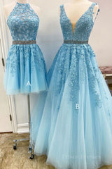 Blue tulle lace A line prom dress blue lace tulle formal dress