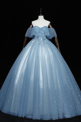 Blue Tulle Lace Long A-Line Ball Gown, Off the Shoulder Formal Evening Gown