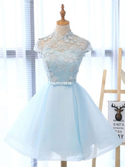 Blue tulle lace short prom dress, blue tulle lace homecoming dress