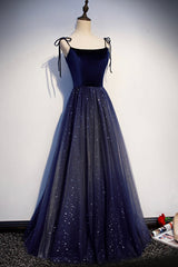 Blue Tulle Long A-Line Prom Dress, Blue Spaghetti Strap Evening Party Dress