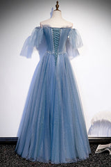 Blue Tulle Long A-Line Prom Dress, Off the Shoulder Evening Party Dress