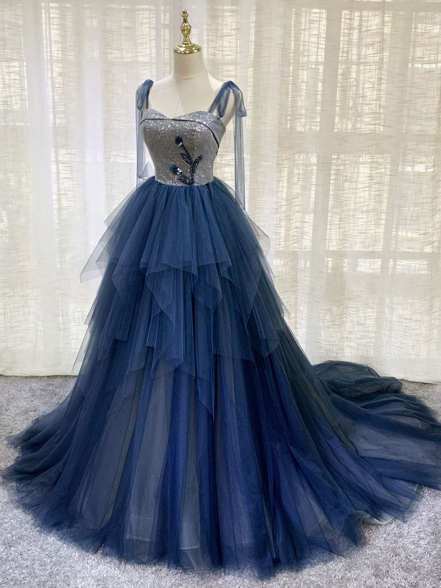 Blue Tulle Long Prom Dress, Blue Tulle Long Evening Dress