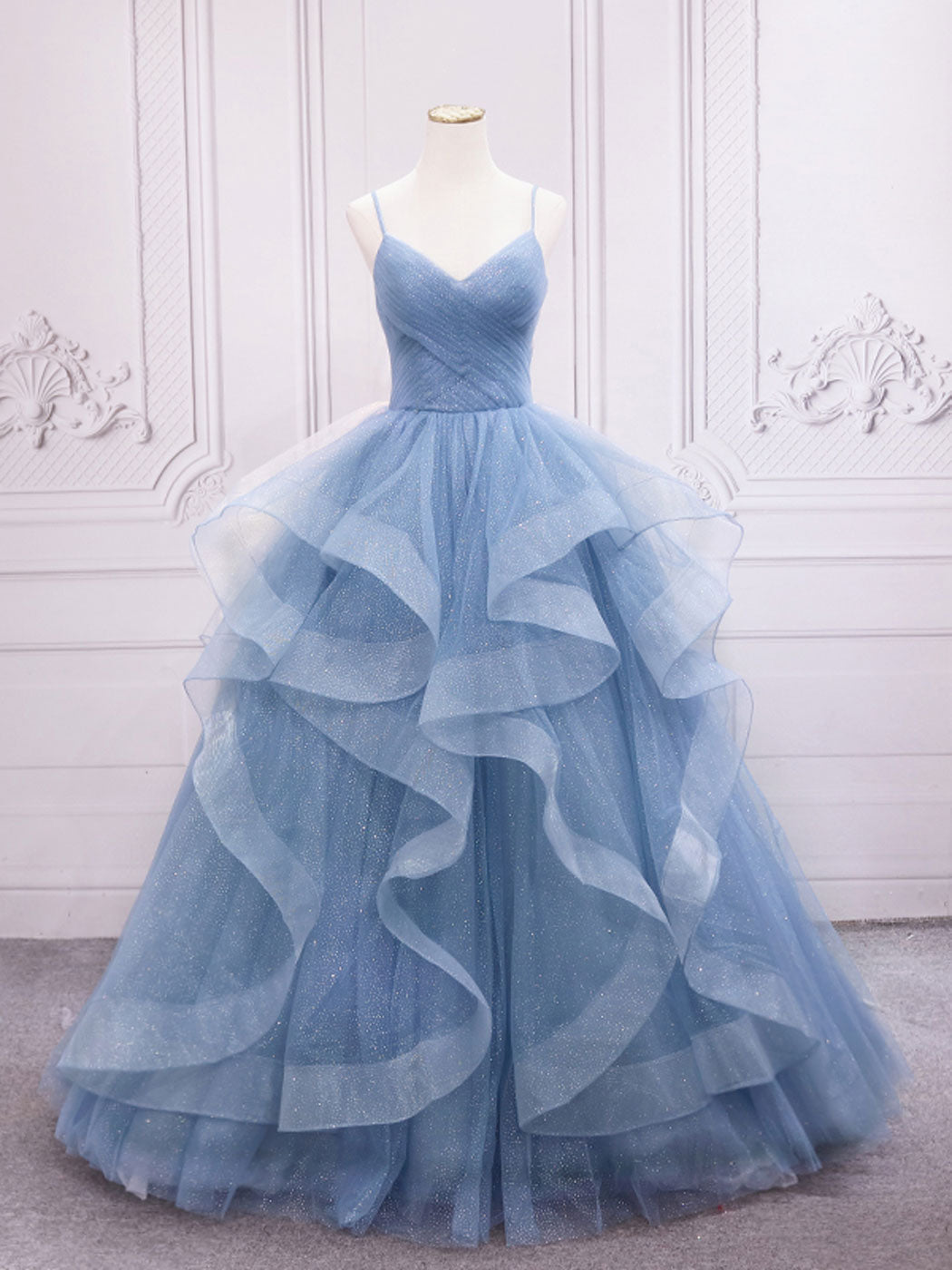 Blue Tulle Long Prom Dresses, Blue Tulle Formal Dresses Sweet 16 Dress