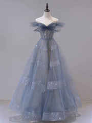 Blue Tulle Off Shoulder Long Prom dress, Blue A line Evening Dress