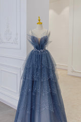 Blue Tulle Sequins Long Prom Gown, Blue Spaghetti Straps Formal Evening Dress