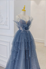 Blue Tulle Sequins Long Prom Gown, Blue Spaghetti Straps Formal Evening Dress