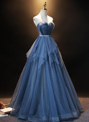 Blue Tulle Sweetheart Simple Pretty Floor Length Party Dress, Blue A-line Evening Dress Prom Dress