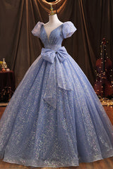 Blue V-Neck Shiny Tulle Long Prom Dress, A-Line Short Sleeve Formal Dress