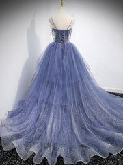 Blue v neck tulle sequin long prom dress, blue evening dress