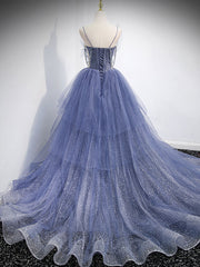 Blue V Neck Tulle Sequin Long Prom Dress, Blue Tulle Formal Dress