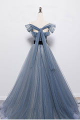 Blue Off the Shoulder Tulle Long Prom Dress with Sash, Sparkly Formal Gown