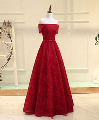 Burgundy a Line Lace Long Prom Dress, Burgundy Evening Dress