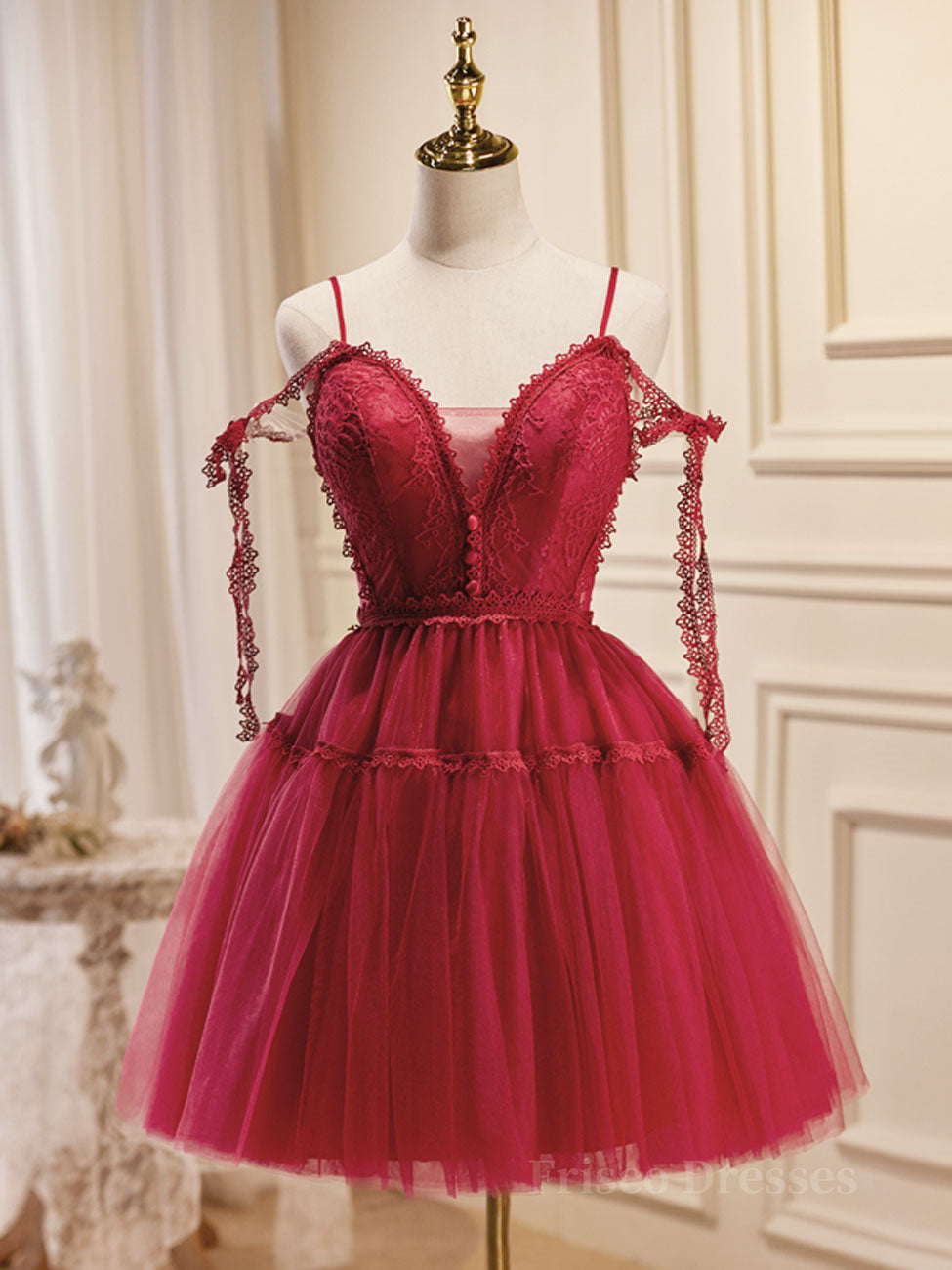 Burgundy A-Line Tulle Lace Short Prom Dress, Burgundy Homecoming Dresses