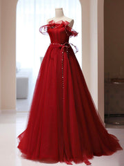 Burgundy A-Line Tulle Long Prom Dress, Burgundy Tulle Formal Dress