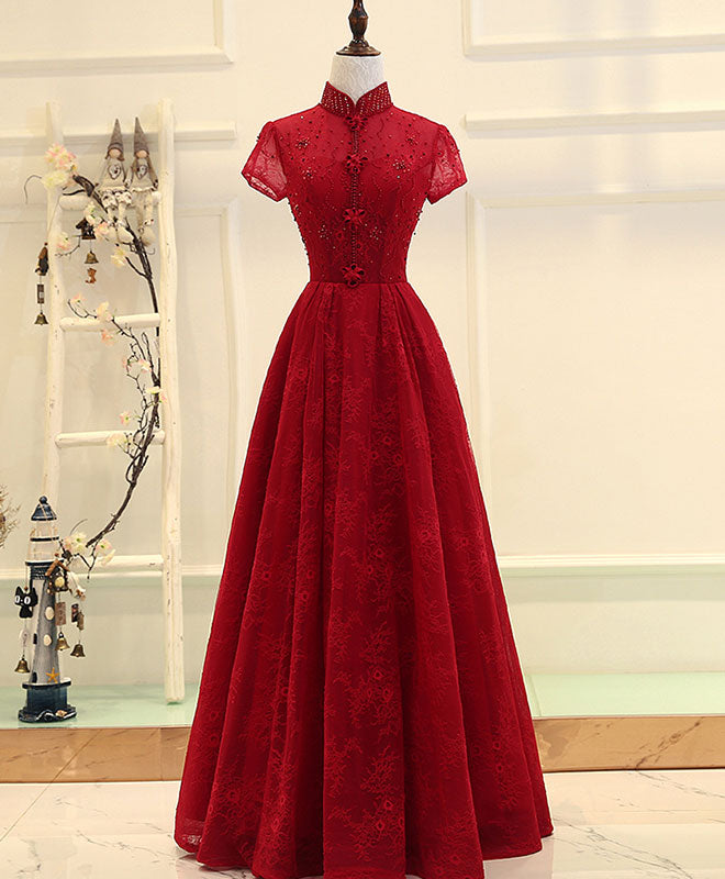 Burgundy High Low Lace Long Prom Dress, Burgundy Evening Dress