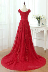 Burgundy Lace Prom Dresses with Train, Wine Red Lace Formal Evening Dresses