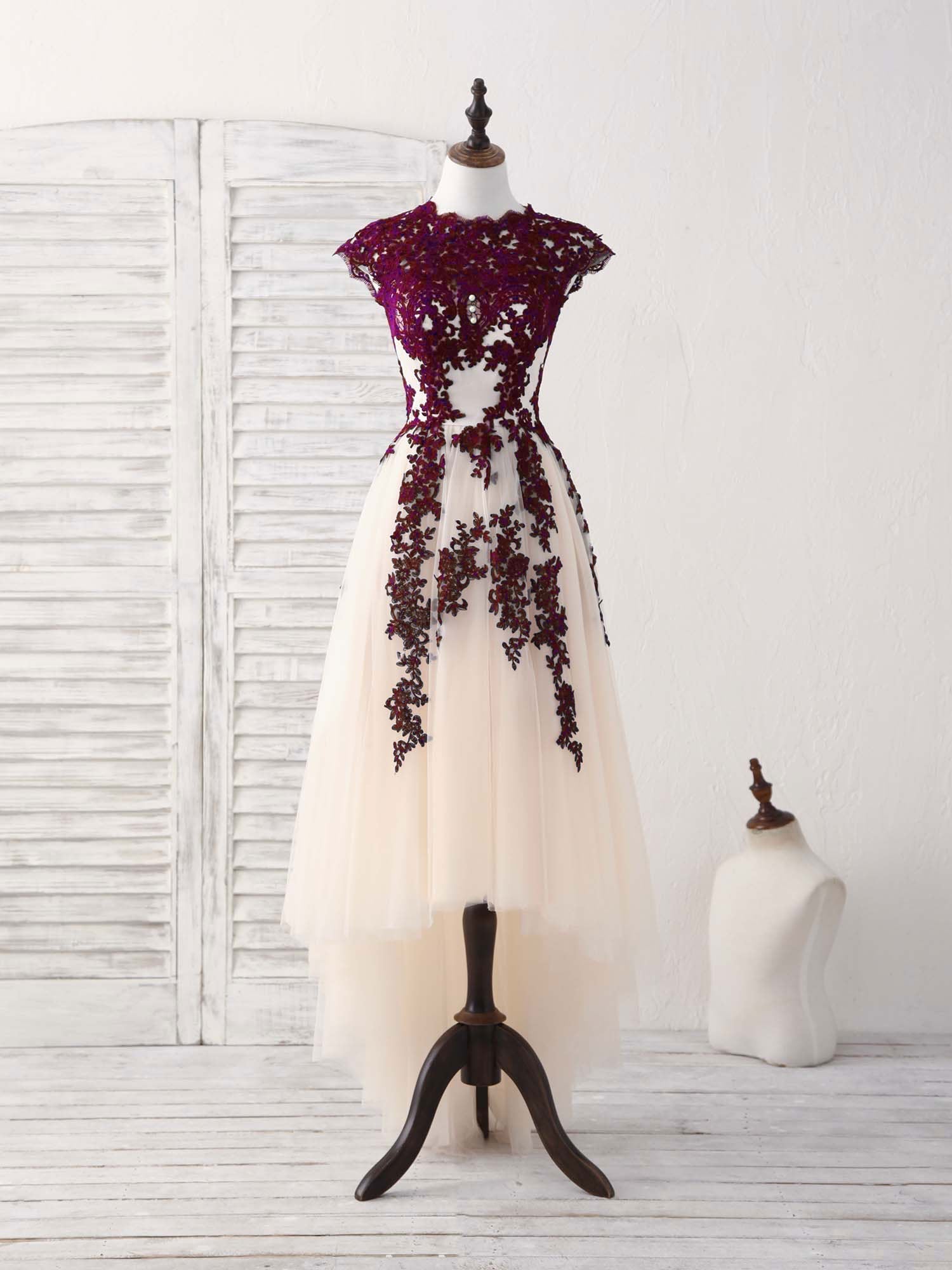 Burgundy Lace Tulle High Low Prom Dress Burgundy Bridesmaid Dress