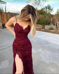 Burgundy Long Mermaid Prom Dresses,Leg Split Formal Evening Dress