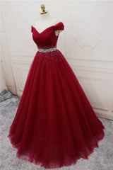 Burgundy Long Tulle Off Shoulder Prom Dress , Junior Prom Dresses