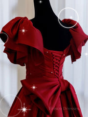 Burgundy off shoulder satin long prom dress, burgundy evening dress