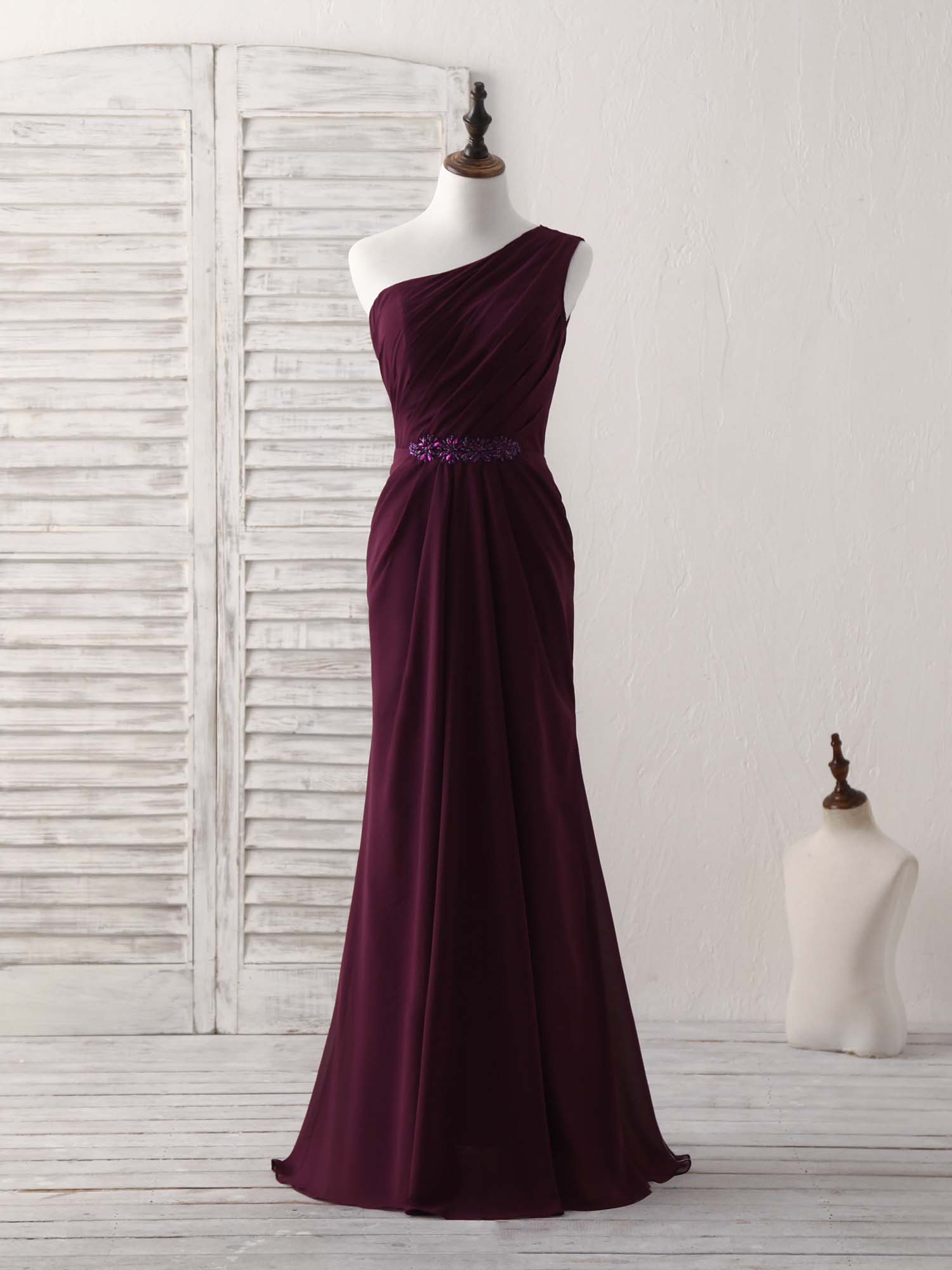 Burgundy One Shoulder Chiffon Mermaid Long Prom Dresses