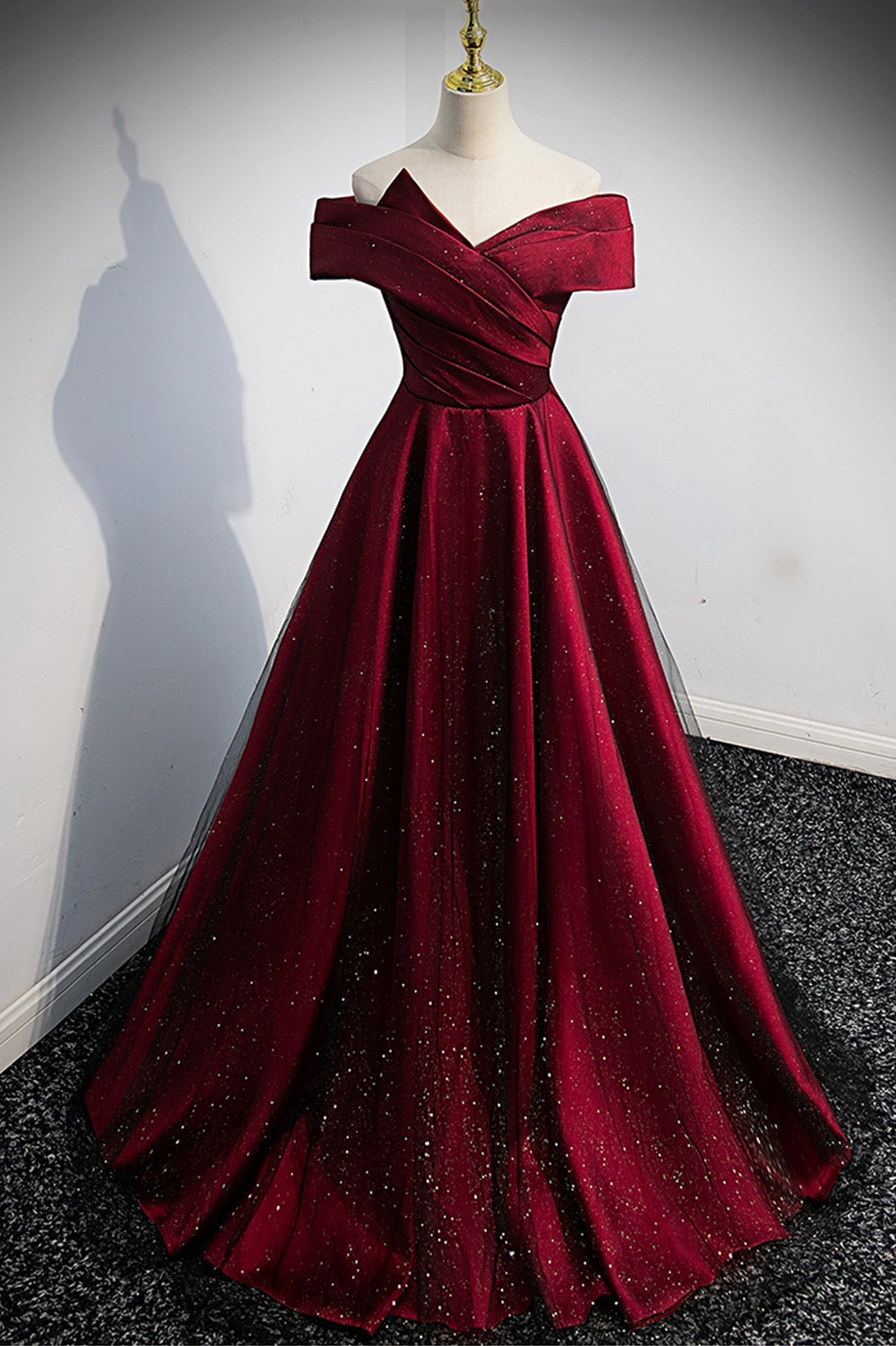 Burgundy Satin Off the Shoulder Prom Dress, A-Line Evening Graduation Dress