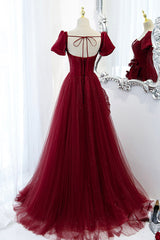 Burgundy Satin Tulle Long Prom Dress, A-Line Short Sleeve Evening Party Dress