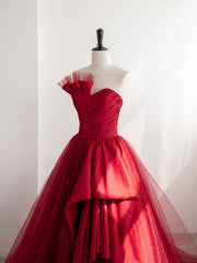 Burgundy Satin Tulle Long Prom Dresses, Burgundy Formal Evening Dresses