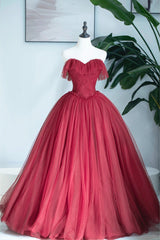 Burgundy Strapless Tulle Long Formal Dress, Sweetheart Neckline Evening Dress