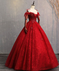 Burgundy Sweetheart Tulle Lace Long Prom Gown, Lace Formal Dress