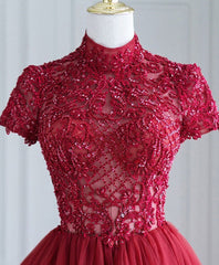 Burgundy Tulle Lace Long Prom Dress, Tulle Lace Evening Dress