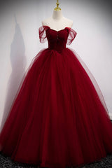 Burgundy Tulle Long A-Line Evening Dress, Off the Shoulder Formal Party Dress