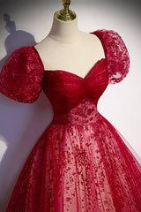 Burgundy Tulle Long Prom Dress with Sequins, A-Line Short Sleeve Evening Dress