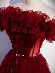 Burgundy Tulle Off Shoulder Long Prom Dress, Burgundy Evening Dress