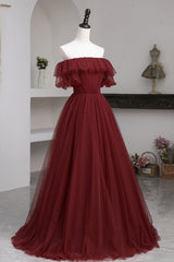 Burgundy Tulle Off the Shoulder Prom Dress, Long A-Line Evening Dress