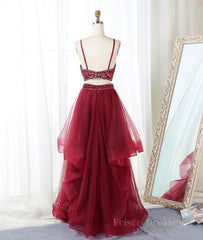 Burgundy two pieces beads long prom dress, burgundy evening dress