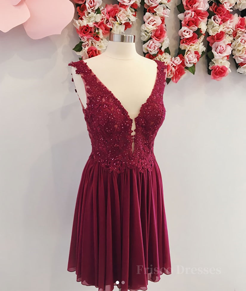 Burgundy v neck chiffon lace short prom dress, homecoming dress