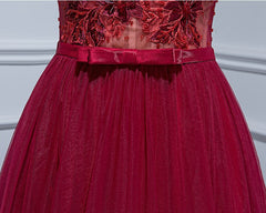 Burgundy V Neck Tulle Lace Long Prom Dress, Burgundy Evening Dress