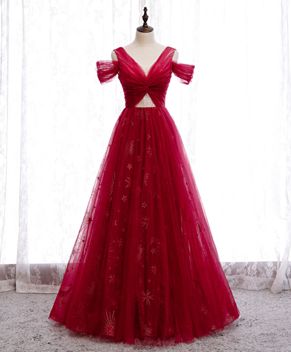 Burgundy V Neck Tulle Lace Long Prom Dress Burgundy Evening Dress