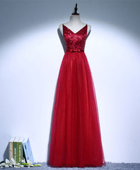 Burgundy V Neck Tulle Long Prom Dress, Evening Dress