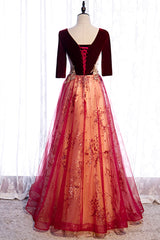 Burgundy V-Neck Velvet Tulle Long Prom Dress, A-Line 1/2 Sleeve Evening Dress